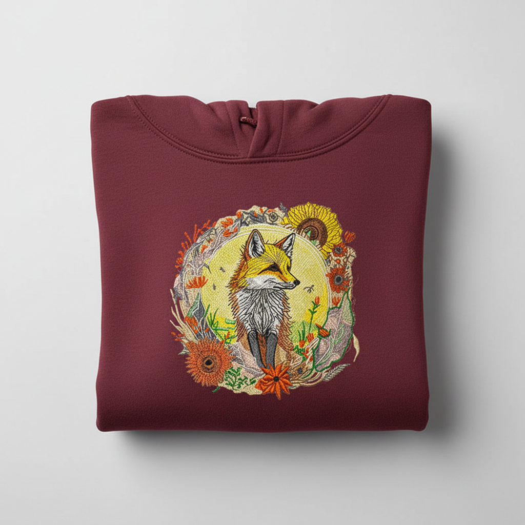 Golden Sun Fox Machine Embroidered Hoodie – Hand Finished in Dubai | EmbroMania