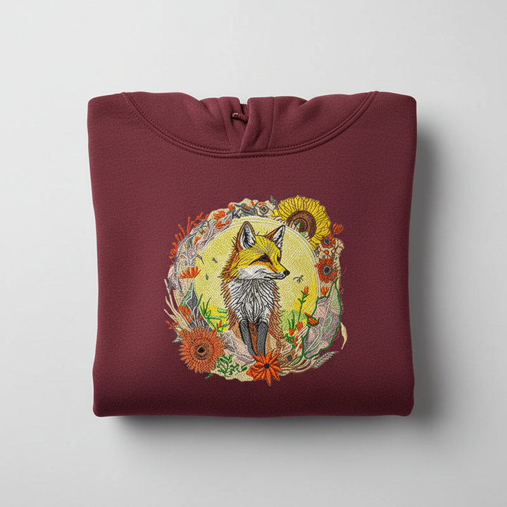Golden Sun Fox Machine Embroidered Hoodie – Hand Finished in Dubai | EmbroMania