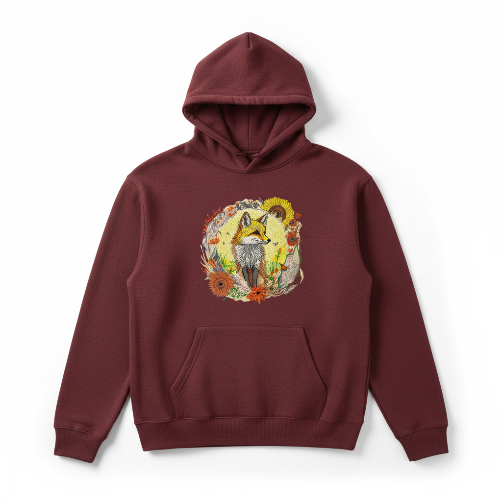 Golden Sun Fox Machine Embroidered Hoodie – Hand Finished in Dubai | EmbroMania