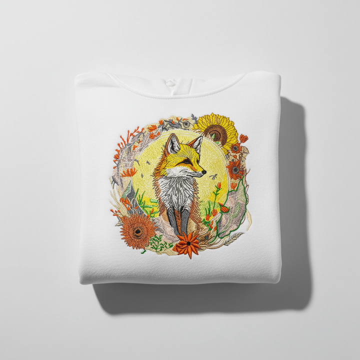 Golden Sun Fox Machine Embroidered Hoodie – Hand Finished in Dubai | EmbroMania