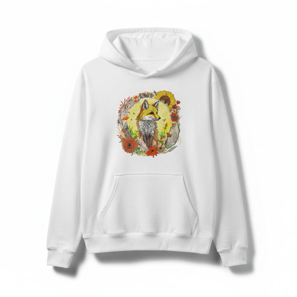 Golden Sun Fox Machine Embroidered Hoodie – Hand Finished in Dubai | EmbroMania