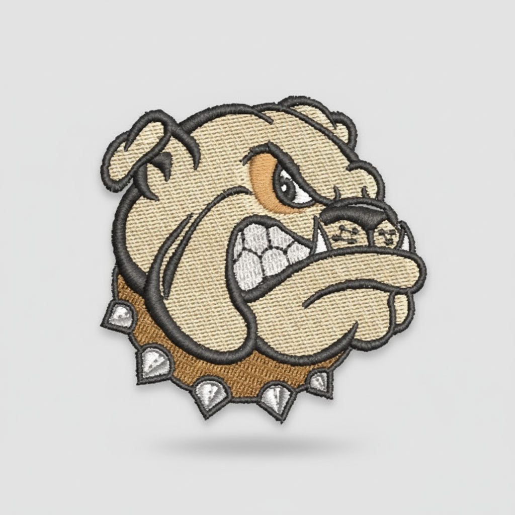 Bold bulldog embroidery patch featuring a tough cartoon-style bulldog head with bared teeth, thick black outline, and a spiked collar in beige, brown, and gray tones on a light background, original EmbroMania artwork.