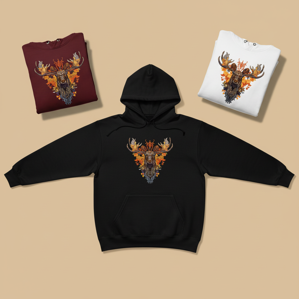 Autumn Leaf Moose Machine Embroidered Hoodie – Hand Finished in Dubai | EmbroMania