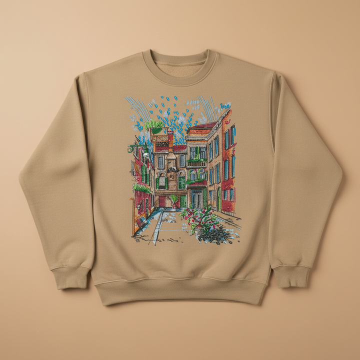 Urban Cityscape Machine Embroidered Sweatshirt – Hand Finished in Dubai | EmbroMania