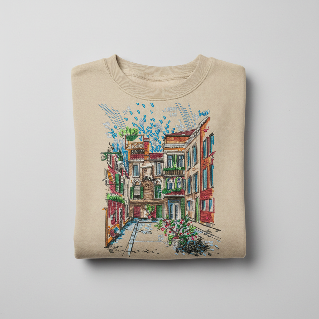 Urban Cityscape Machine Embroidered Sweatshirt – Hand Finished in Dubai | EmbroMania