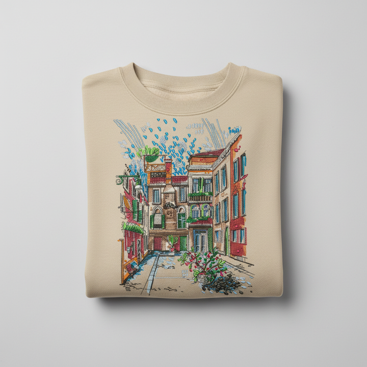 Urban Cityscape Machine Embroidered Sweatshirt – Hand Finished in Dubai | EmbroMania