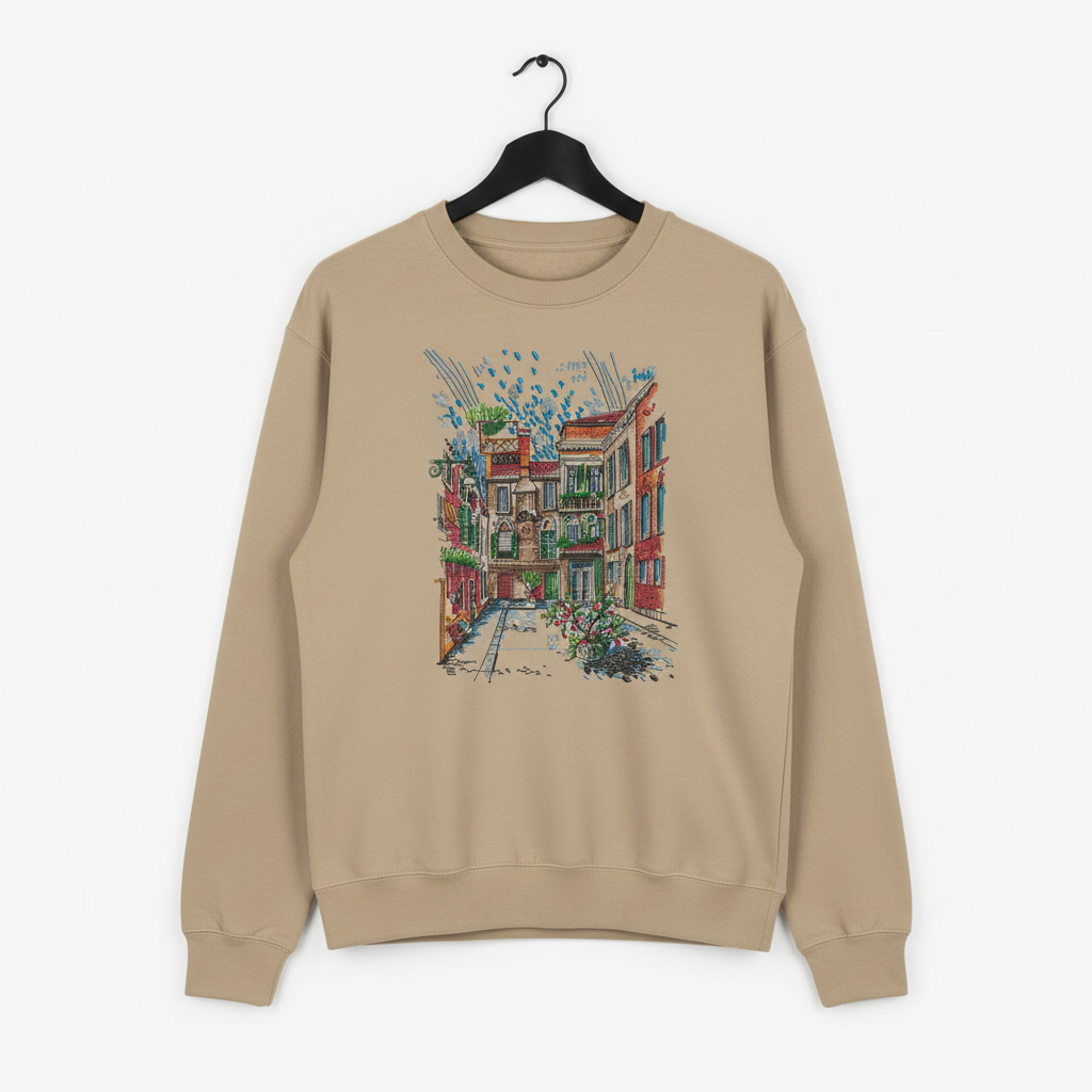 Urban Cityscape Machine Embroidered Sweatshirt – Hand Finished in Dubai | EmbroMania