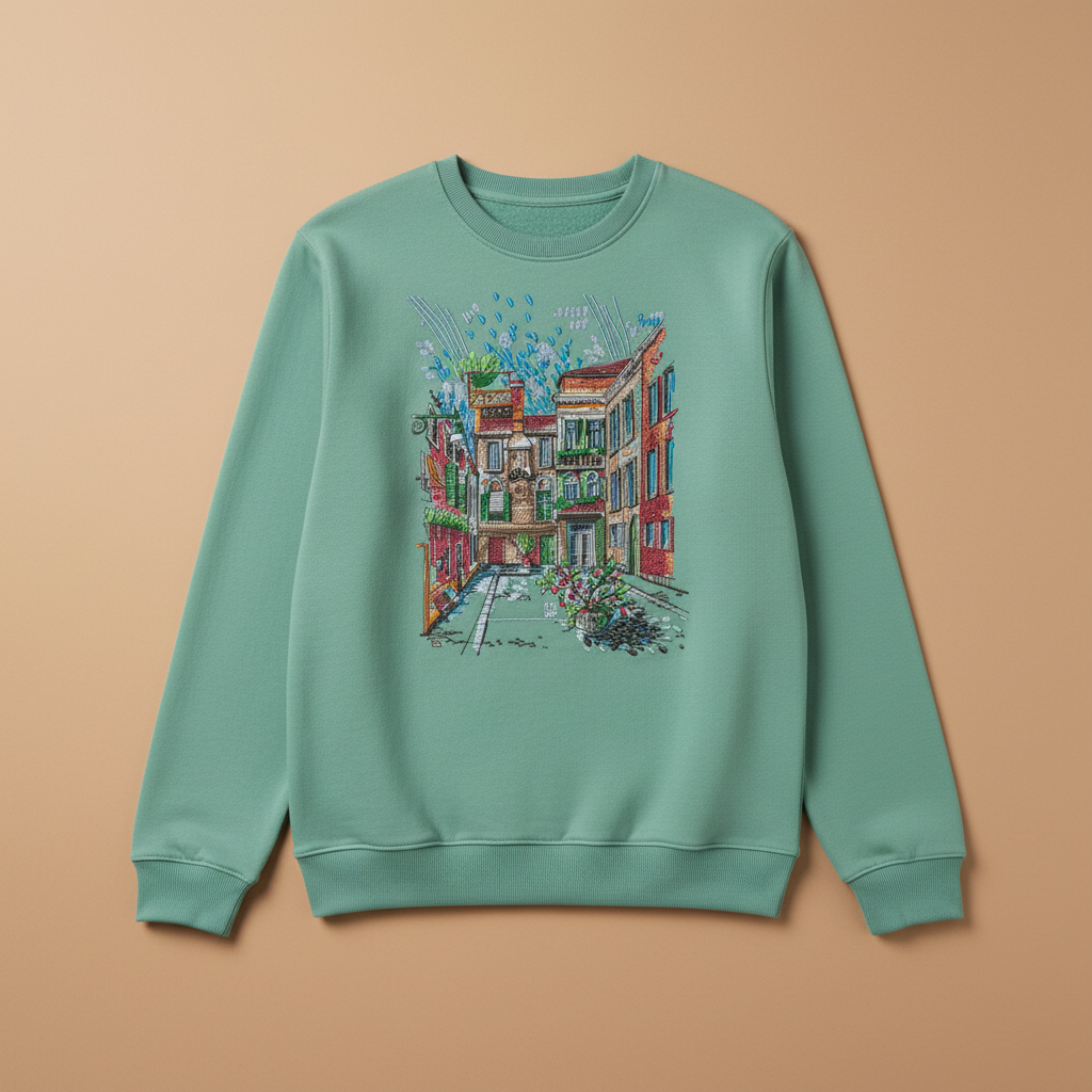 Urban Cityscape Machine Embroidered Sweatshirt – Hand Finished in Dubai | EmbroMania