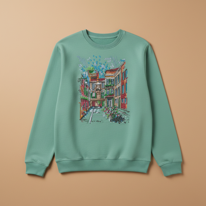 Urban Cityscape Machine Embroidered Sweatshirt – Hand Finished in Dubai | EmbroMania