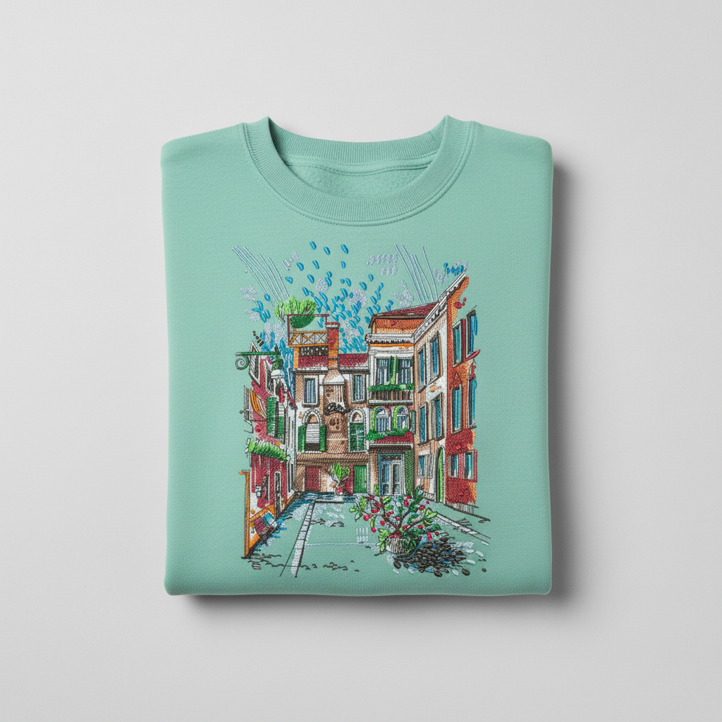 Urban Cityscape Machine Embroidered Sweatshirt – Hand Finished in Dubai | EmbroMania