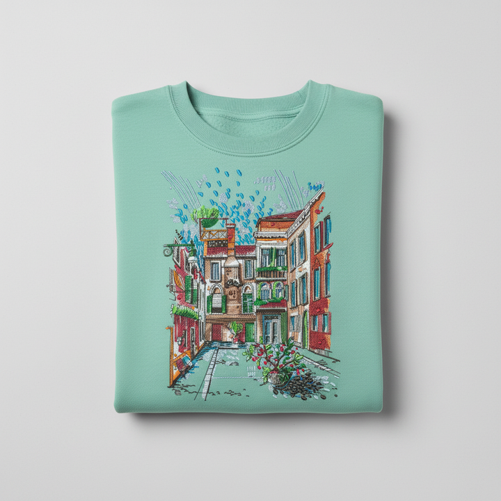 Urban Cityscape Machine Embroidered Sweatshirt – Hand Finished in Dubai | EmbroMania
