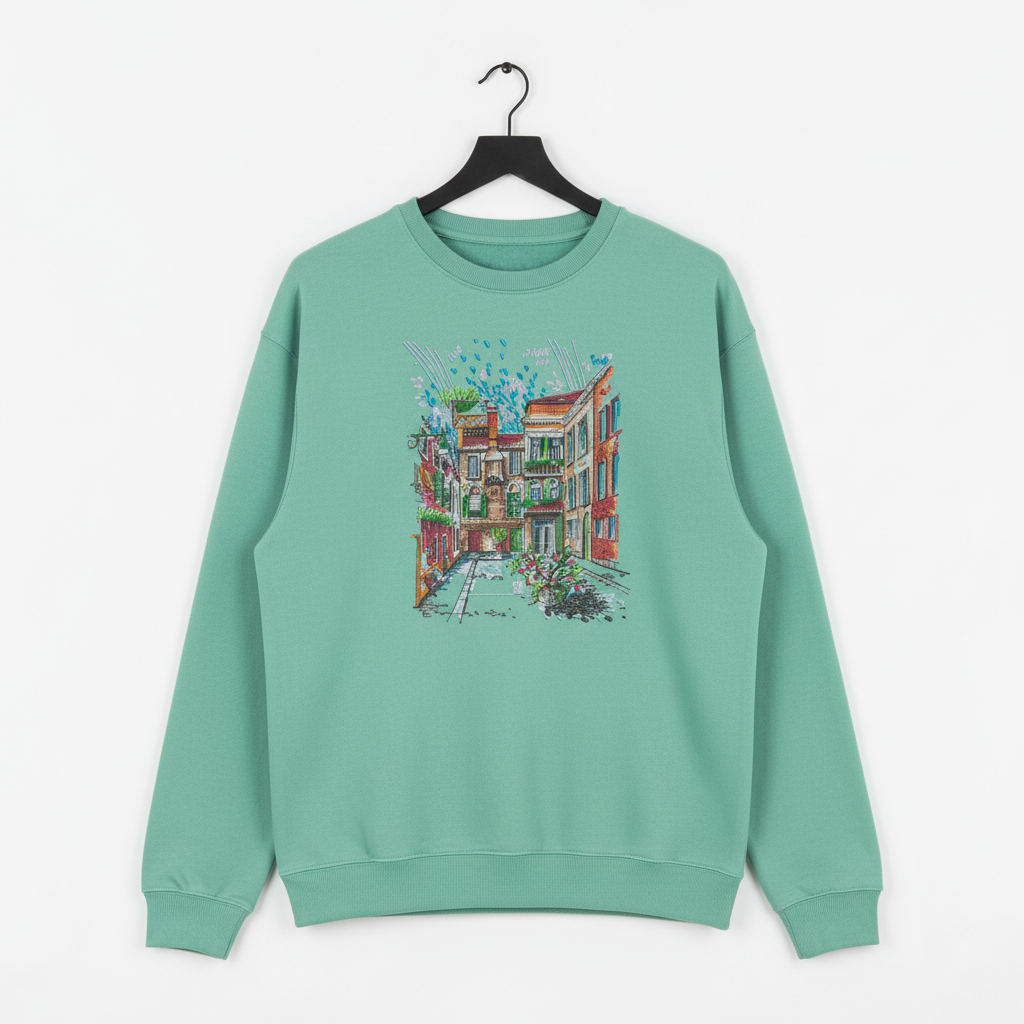 Urban Cityscape Machine Embroidered Sweatshirt – Hand Finished in Dubai | EmbroMania
