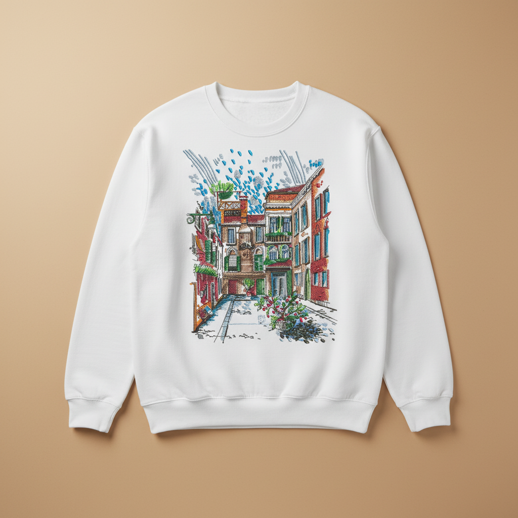 Urban Cityscape Machine Embroidered Sweatshirt – Hand Finished in Dubai | EmbroMania