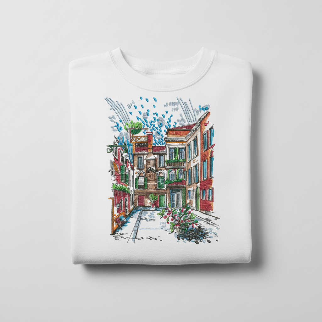 Urban Cityscape Machine Embroidered Sweatshirt – Hand Finished in Dubai | EmbroMania