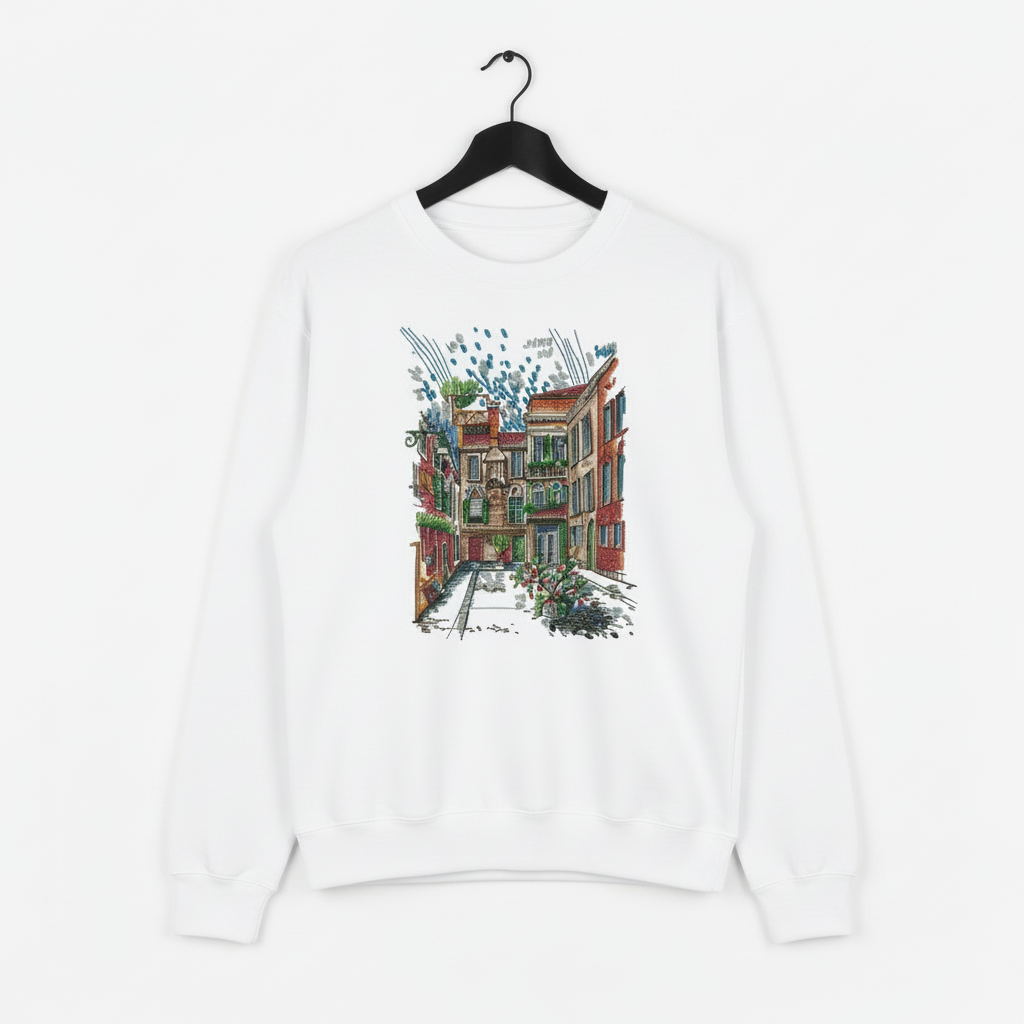 Urban Cityscape Machine Embroidered Sweatshirt – Hand Finished in Dubai | EmbroMania