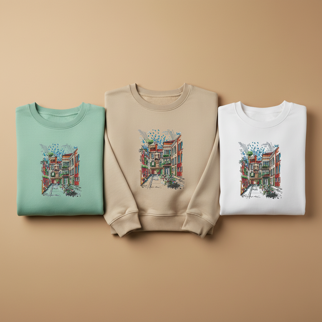 Urban Cityscape Machine Embroidered Sweatshirt – Hand Finished in Dubai | EmbroMania