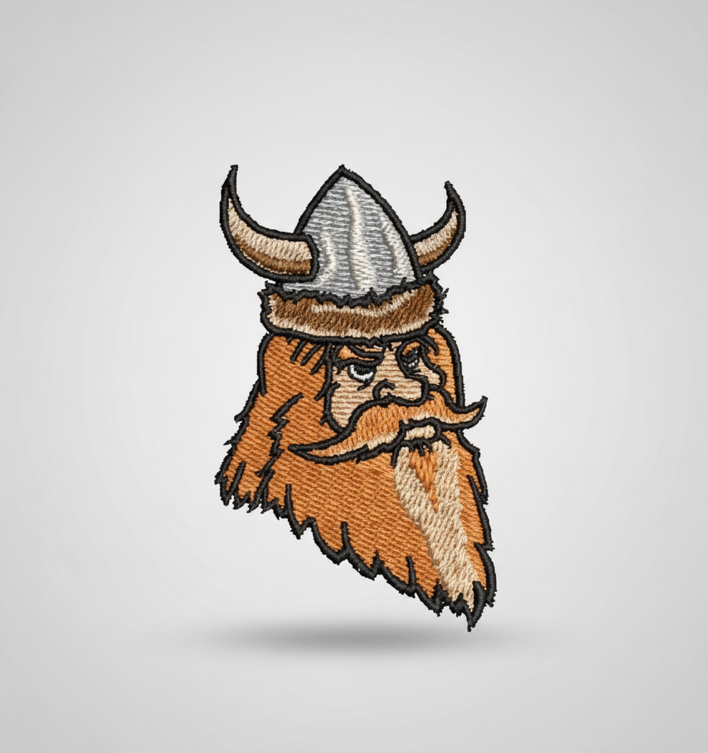 Embroidered patch of a viking with horns on a grid background