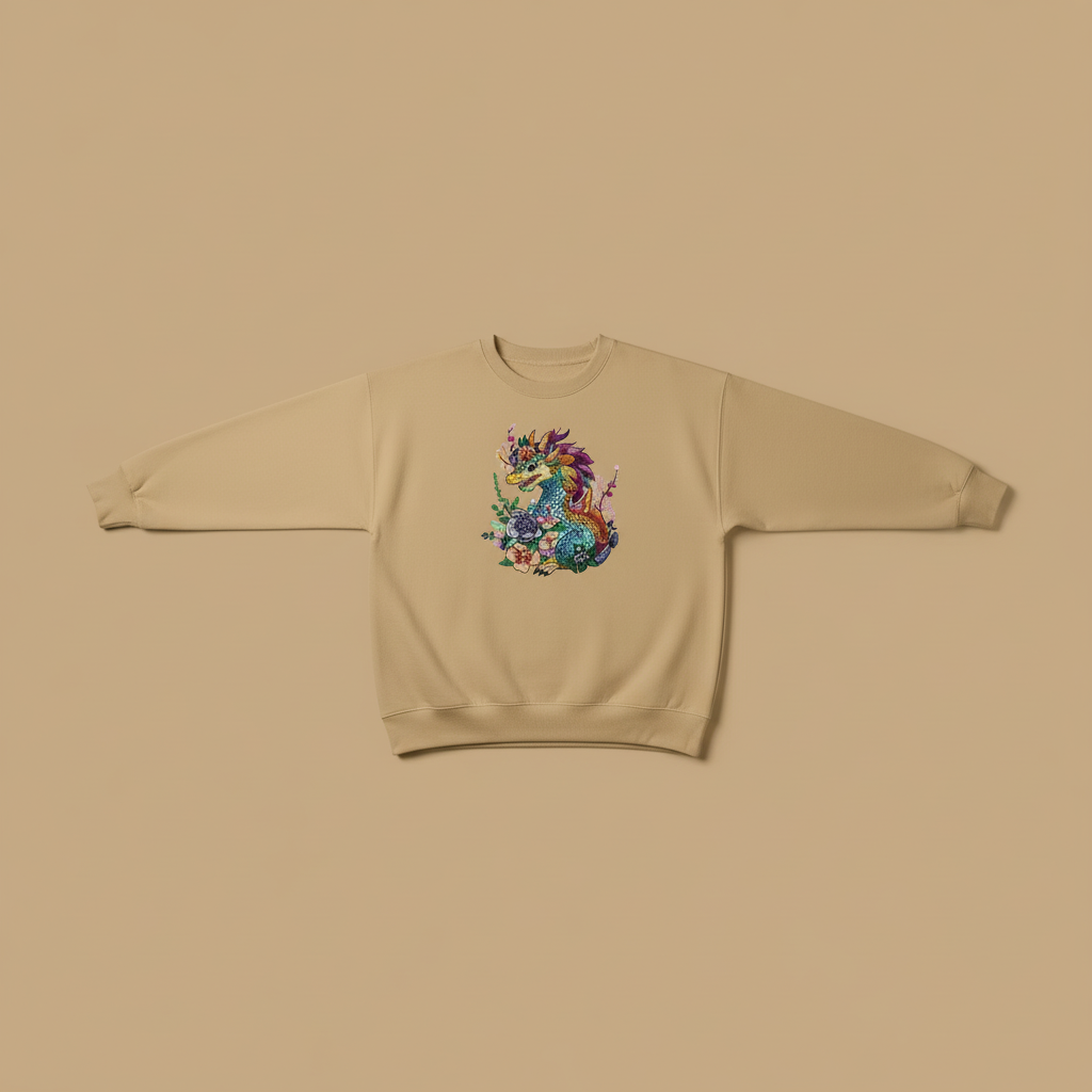Vivid Bloom Dragon Machine Embroidered Sweatshirt – Hand Finished in Dubai | EmbroMania