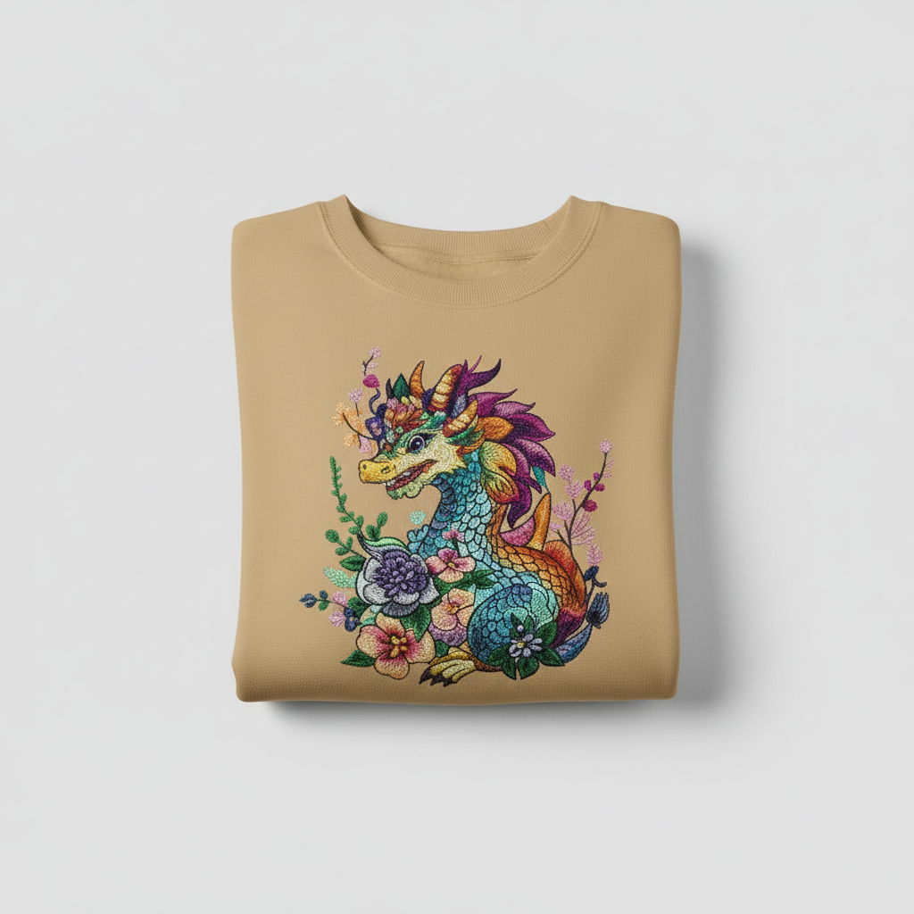 Vivid Bloom Dragon Machine Embroidered Sweatshirt – Hand Finished in Dubai | EmbroMania