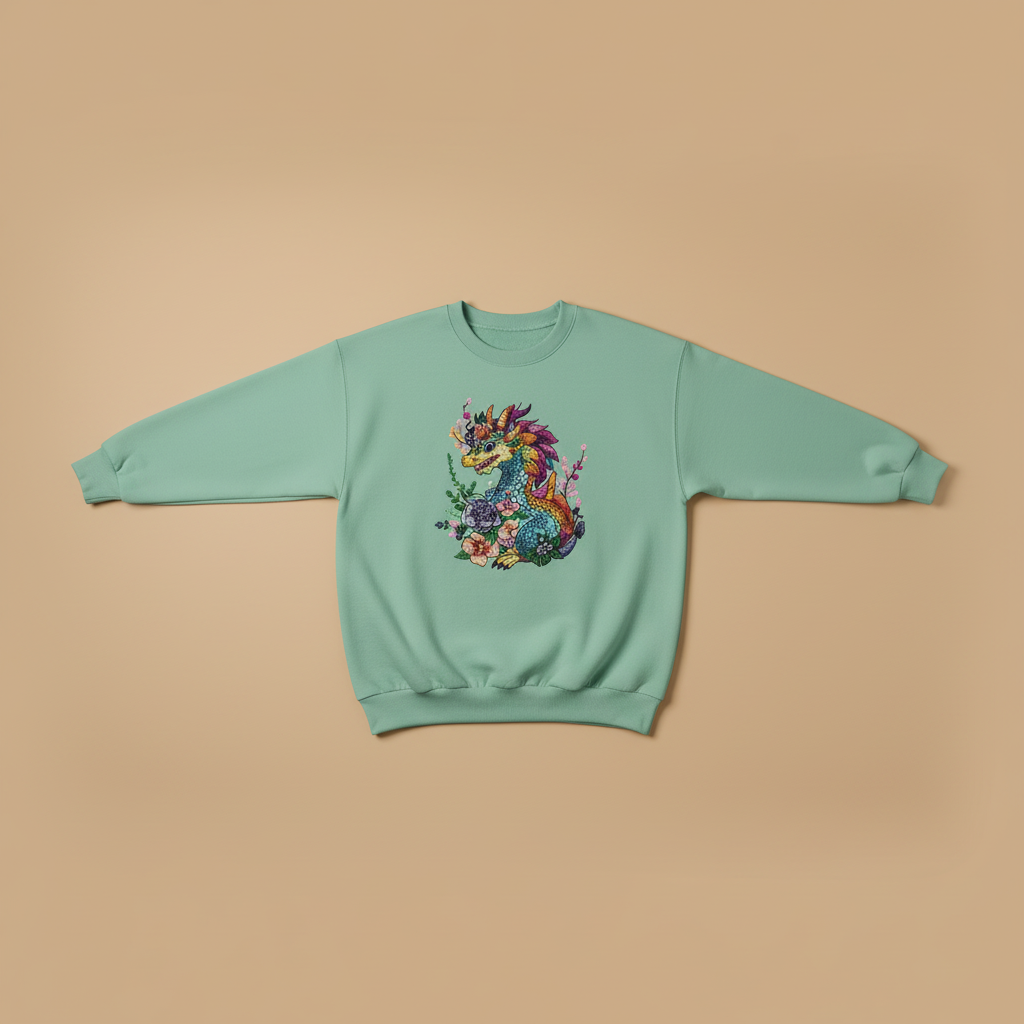 Vivid Bloom Dragon Machine Embroidered Sweatshirt – Hand Finished in Dubai | EmbroMania