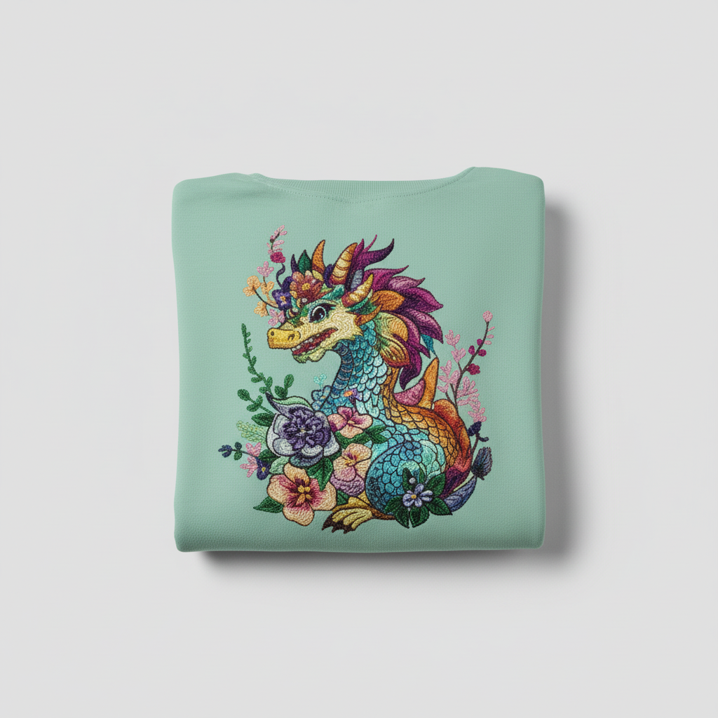 Vivid Bloom Dragon Machine Embroidered Sweatshirt – Hand Finished in Dubai | EmbroMania