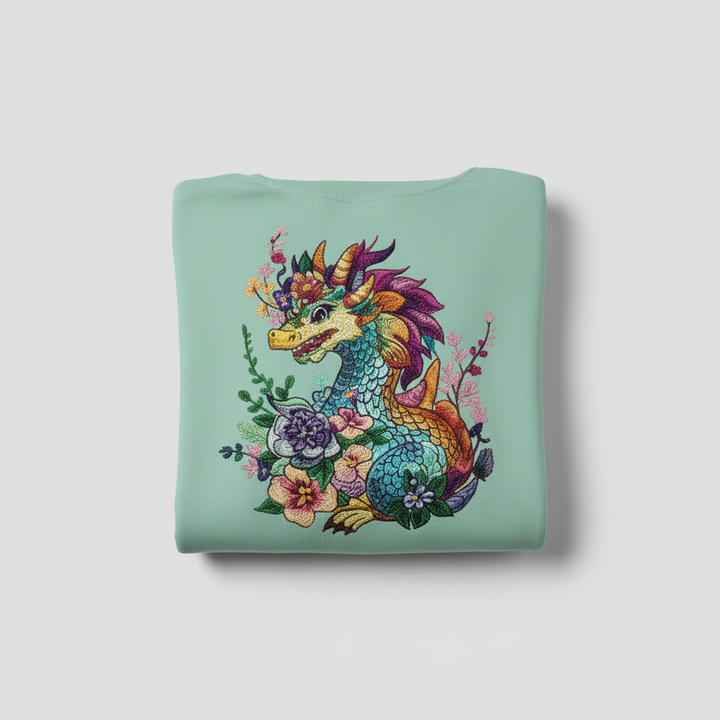 Vivid Bloom Dragon Machine Embroidered Sweatshirt – Hand Finished in Dubai | EmbroMania