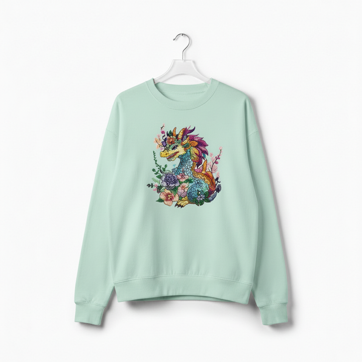 Vivid Bloom Dragon Machine Embroidered Sweatshirt – Hand Finished in Dubai | EmbroMania
