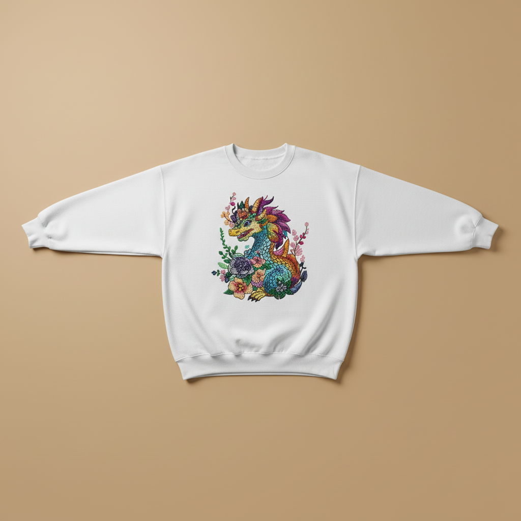 Vivid Bloom Dragon Machine Embroidered Sweatshirt – Hand Finished in Dubai | EmbroMania