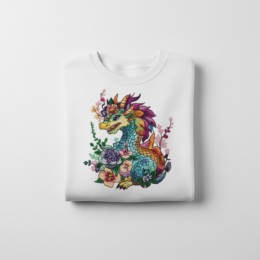 Vivid Bloom Dragon Machine Embroidered Sweatshirt – Hand Finished in Dubai | EmbroMania