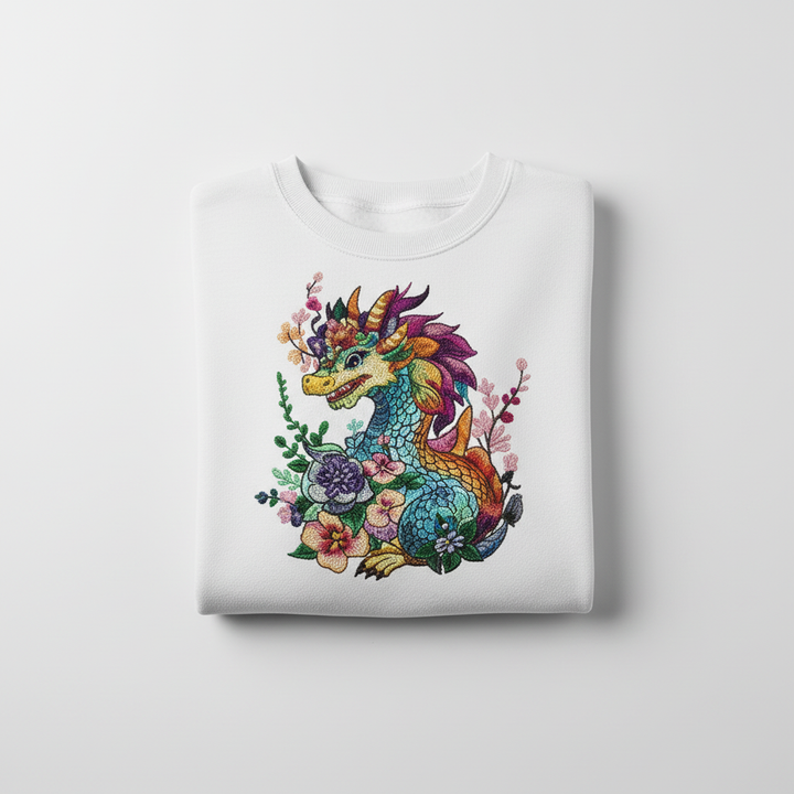 Vivid Bloom Dragon Machine Embroidered Sweatshirt – Hand Finished in Dubai | EmbroMania