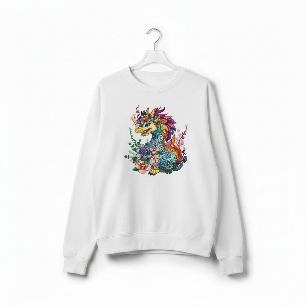 Vivid Bloom Dragon Machine Embroidered Sweatshirt – Hand Finished in Dubai | EmbroMania
