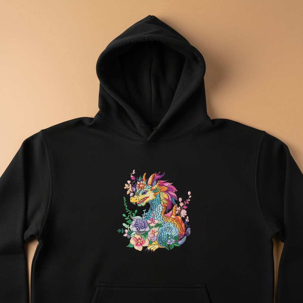 Vivid Floral Dragon Machine Embroidered Hoodie – Hand Finished in Dubai | EmbroMania
