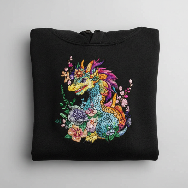 Vivid Floral Dragon Machine Embroidered Hoodie – Hand Finished in Dubai | EmbroMania
