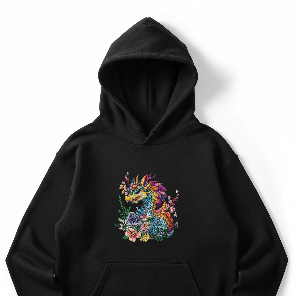 Vivid Floral Dragon Machine Embroidered Hoodie – Hand Finished in Dubai | EmbroMania
