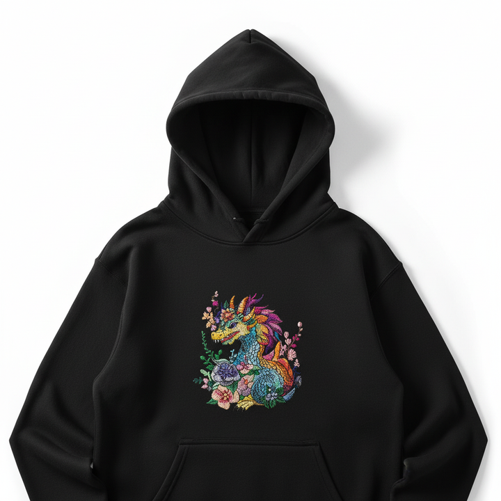 Vivid Floral Dragon Machine Embroidered Hoodie – Hand Finished in Dubai | EmbroMania