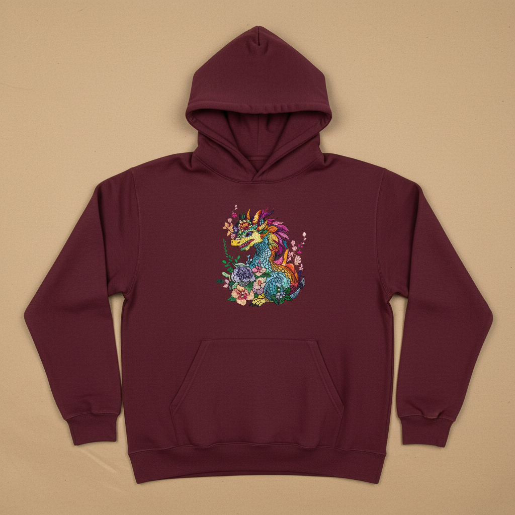 Vivid Floral Dragon Machine Embroidered Hoodie – Hand Finished in Dubai | EmbroMania