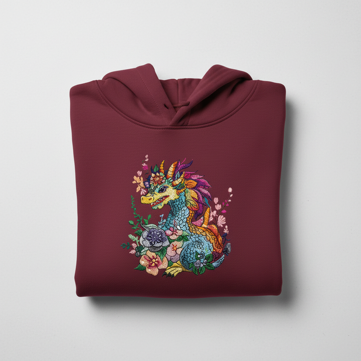 Vivid Floral Dragon Machine Embroidered Hoodie – Hand Finished in Dubai | EmbroMania
