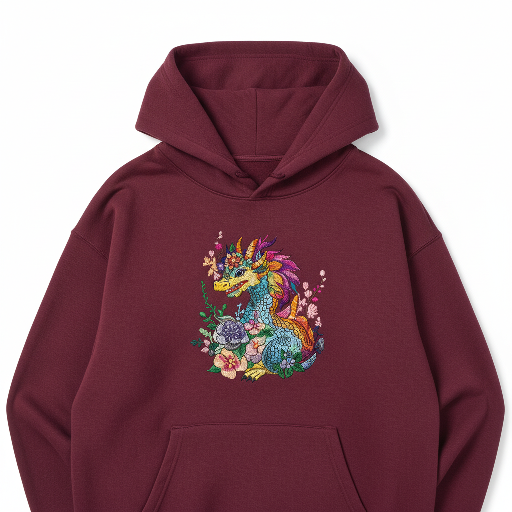 Vivid Floral Dragon — Embroidered Hoodie