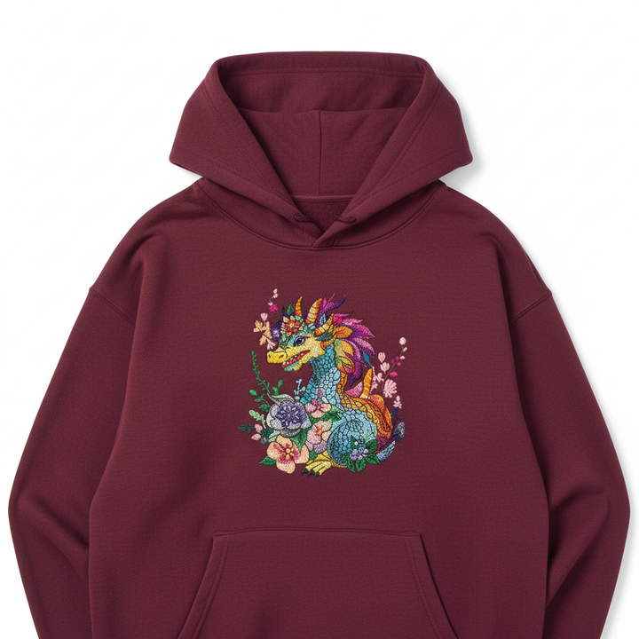 Vivid Floral Dragon — Embroidered Hoodie