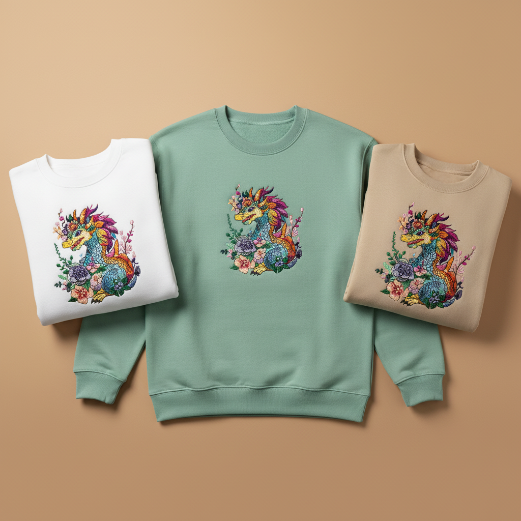 Vivid Bloom Dragon Machine Embroidered Sweatshirt – Hand Finished in Dubai | EmbroMania