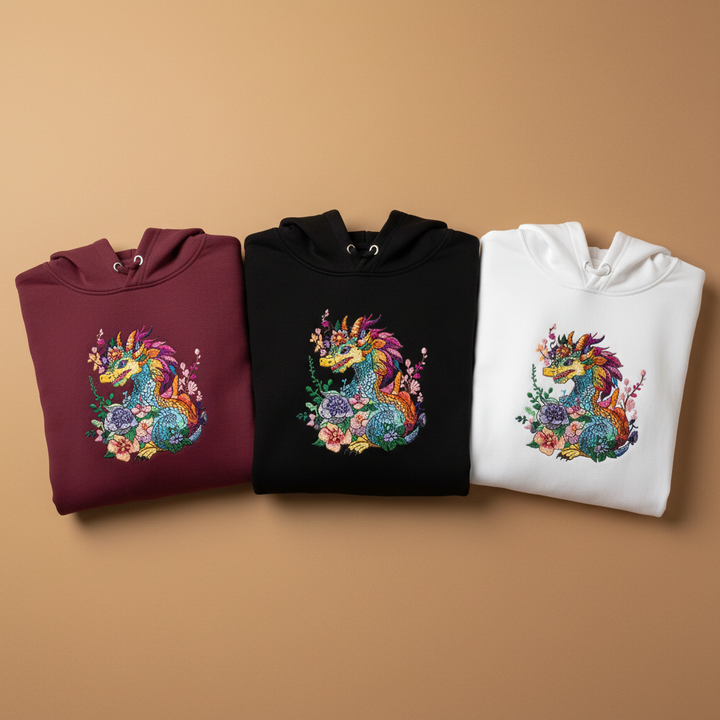 Vivid Floral Dragon Machine Embroidered Hoodie – Hand Finished in Dubai | EmbroMania