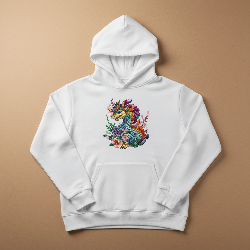 Vivid Floral Dragon Machine Embroidered Hoodie – Hand Finished in Dubai | EmbroMania