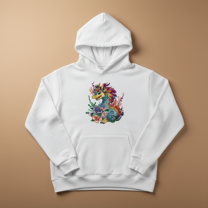 Vivid Floral Dragon Machine Embroidered Hoodie – Hand Finished in Dubai | EmbroMania