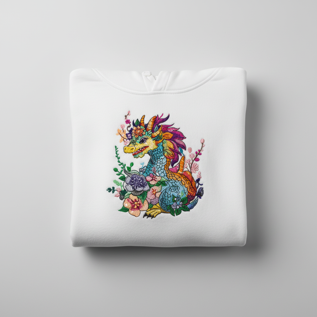 Vivid Floral Dragon Machine Embroidered Hoodie – Hand Finished in Dubai | EmbroMania