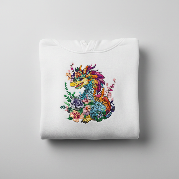 Vivid Floral Dragon Machine Embroidered Hoodie – Hand Finished in Dubai | EmbroMania