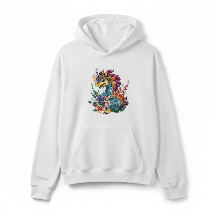 Vivid Floral Dragon Machine Embroidered Hoodie – Hand Finished in Dubai | EmbroMania