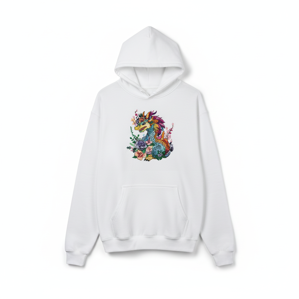 Vivid Floral Dragon — Embroidered Hoodie