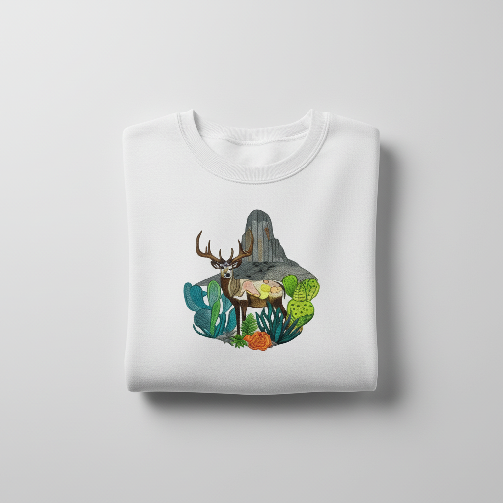 Alpine Desert Fusion Deer Machine Embroidered Sweatshirt – Hand Finished in Dubai | EmbroMania