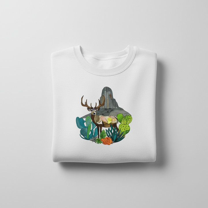 Alpine Desert Fusion Deer Machine Embroidered Sweatshirt – Hand Finished in Dubai | EmbroMania