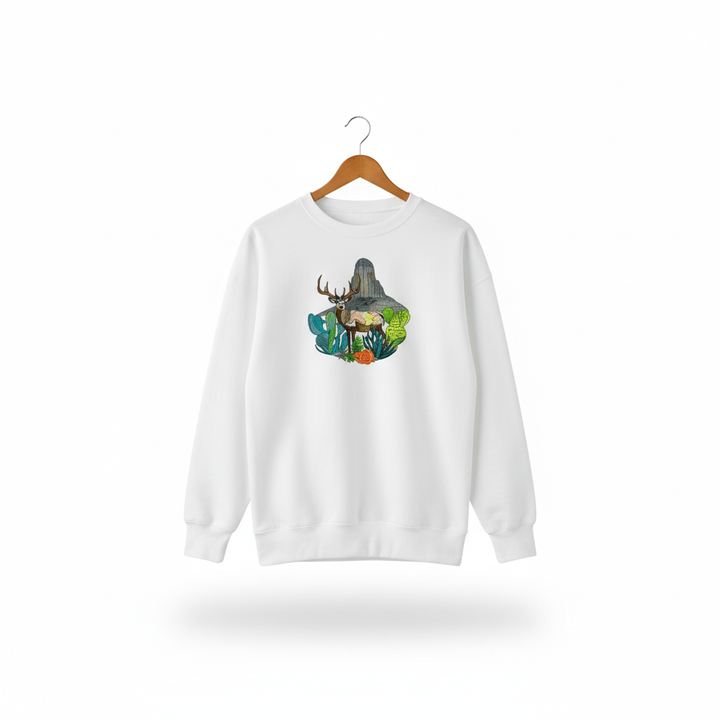 Alpine Desert Fusion Deer Machine Embroidered Sweatshirt – Hand Finished in Dubai | EmbroMania